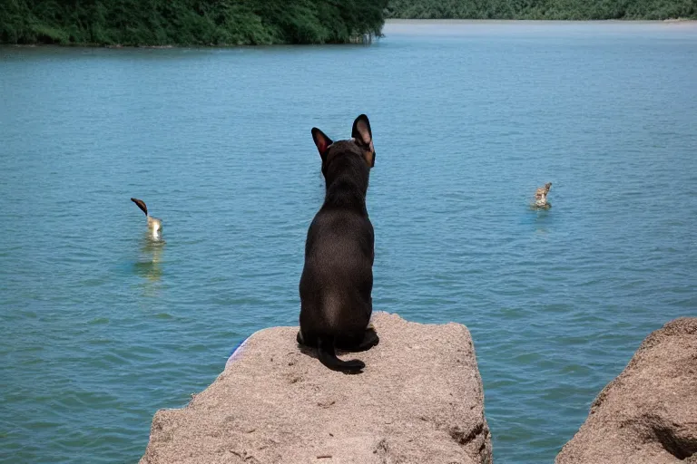 Image similar to a puppy is looking directly at the water below them while they stand at an edge