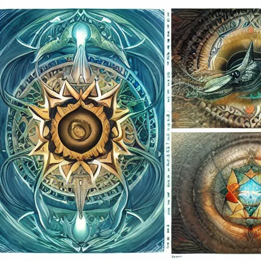 Image similar to <https://s.mj.run/Vd17jzdC3Q8> mandala, water element, texture, shark, starfish, Sacred geometry, Eternals, noble, Art Nouveau, by Peter Mohrbacher and Miyazaki Hayao