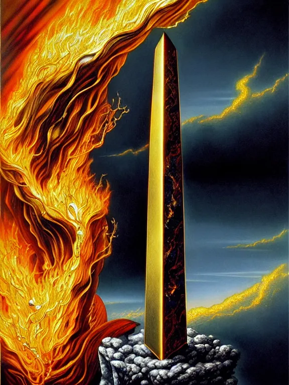 Image similar to savage electric flames of gold and silver engulfing an obsidian obelisk by ed emshwiller and karol bak, rococo, smoky, highly detailed, hyperrealistic, energy, low light, high contrast, bright sky