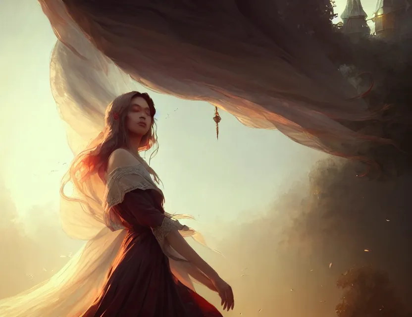 Image similar to her robes flutter gently in the wind ; the day is peaceful, a beautiful digital painting by wlop, volumetric light, intricate details, by art germ, fantasypunk, amazing d & d art, trending cgsociety, artstation, sharp, amazing wallpaper