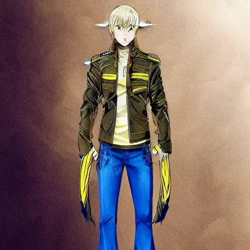 Prompt: elven male, shaggy blonde hair. Wearing modern yellow leather jacket and blue camouflage pants. Modern, concept art, Akikazu Mizuno, anime