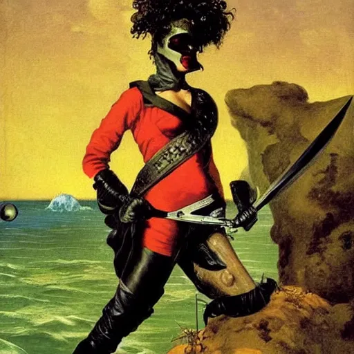 Image similar to Swashbuckling female pirate in space, grace jones, courbet