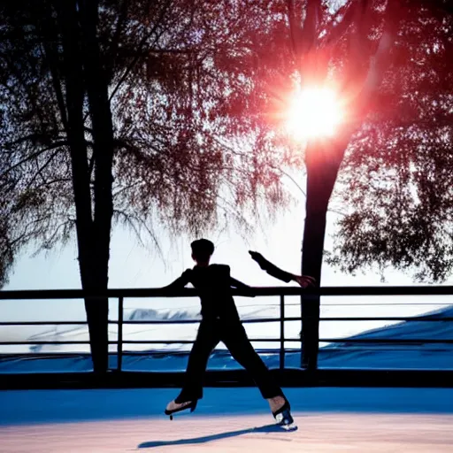Prompt: elegant young man figure skating against setting sun, dramatic lighting, silhouette