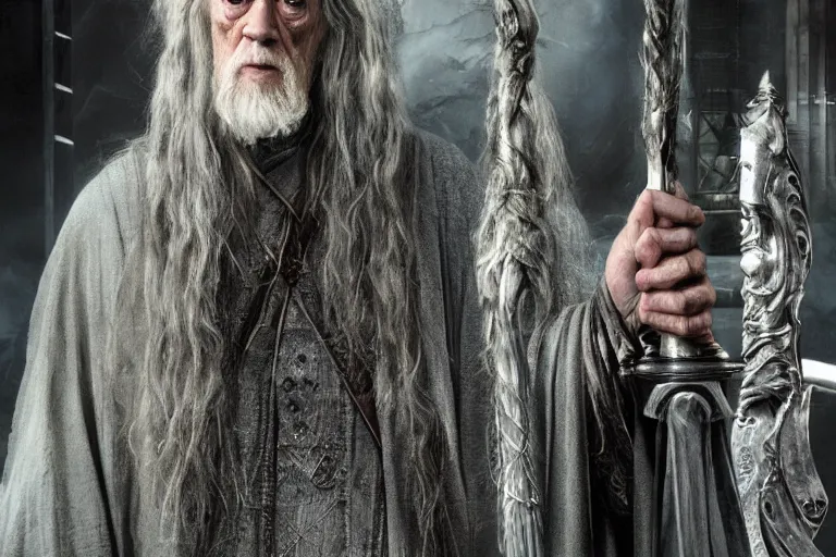 Image similar to gandalf played by lance henriksen stood outside orthanc, style of h. r. giger, directed by david fincher, muted tones, detailed