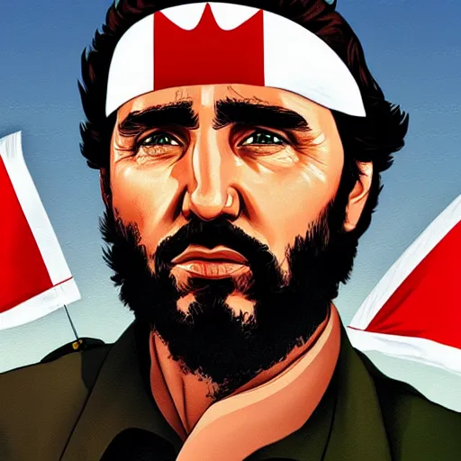 Image similar to justin trudeau as fidel castro in GTA V, cover art by Stephen Bliss, no text