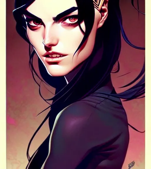 Prompt: artgerm, joshua middleton comic cover art, pretty friendly sweet kind phoebe tonkin eye of horus painted under left eye, young, attractive, slim, she has very pale skin long black hair, she prefers to dress casually and she wears black clothing