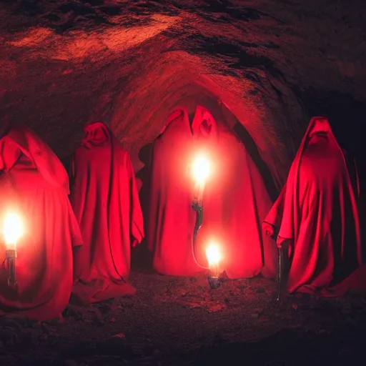 Image similar to A group of red hooded cultist in a cave, being back lit by a lantern. Dark, ambient, eldritch, 8k, hyper realistic.