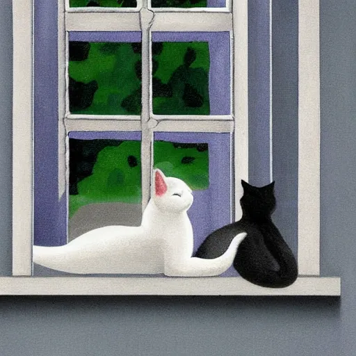 Image similar to two cats, one white and one gray, looking out a window in the rain, painted by tor lundvall
