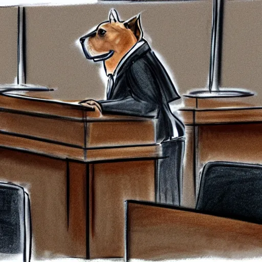 Prompt: A lawyer dog making an opening statement in crourt in front of the jury, courtroom sketch.