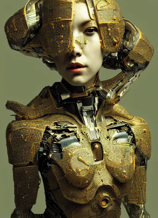 Image similar to portrait of a futuristic geisha cyborg, made from pointclouds, in the style of ghost in the shell, kintsugi, modern fine art, fractal, intricate, elegant, highly detailed, digital photography, subsurface scattering, by jheronimus bosch and greg rutkowski,