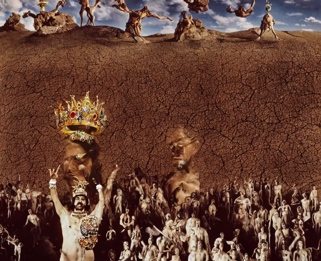 Image similar to salvador dali wearing a crown and jewels in front of a huge crowd in a dry rocky desert landscape, film still from the movie by alejandro jodorowsky with cinematogrophy of christopher doyle and art direction by hans giger, anamorphic lens, kodakchrome, very detailed photo, 8 k