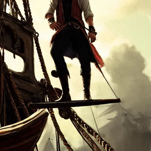 Image similar to tom holland as a pirate, standing on the mast, fine face, face focused, fine detailed face, long hair, realistic shaded lighting poster by greg rutkowski, cinematic lighting, sharp focus, highly detailed attributes and atmosphere