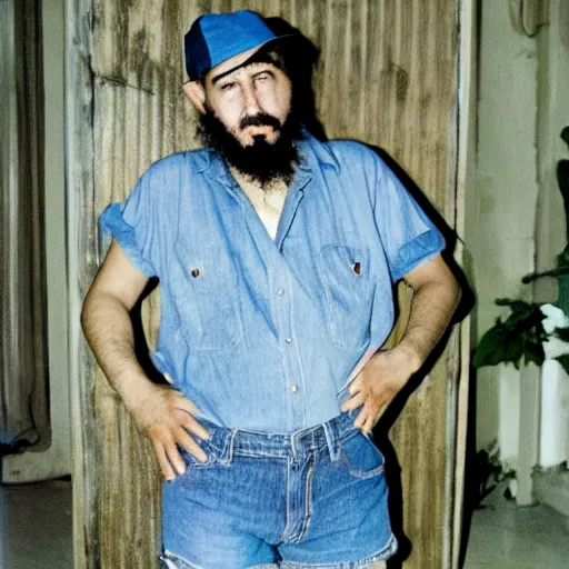 Image similar to fidel castro posing while wearing denim shorts, full body portrait, 3 5 mm film, by nan goldin