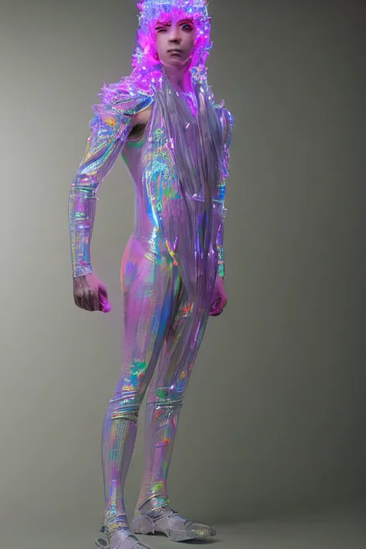 Image similar to full-body rococo and cyberpunk delicate neon crystalline sculpture of ((muscular slender albino prince Joe Jonas)) (((con la piroca dura))) as an iridescent humanoid deity wearing a thin see-through ((plastic hooded cloak)) sim roupa (holding a human skull), reclining con (((las piernas abiertas))), glowing pink face, crown of (white lasers), large diamonds, swirling black silk fabric. futuristic elements. oozing glowing liquid, full-length view. space robots. intricate artwork by caravaggio. Trending on artstation, octane render, cinematic lighting from the right, hyper realism, octane render, 8k, depth of field, 3D