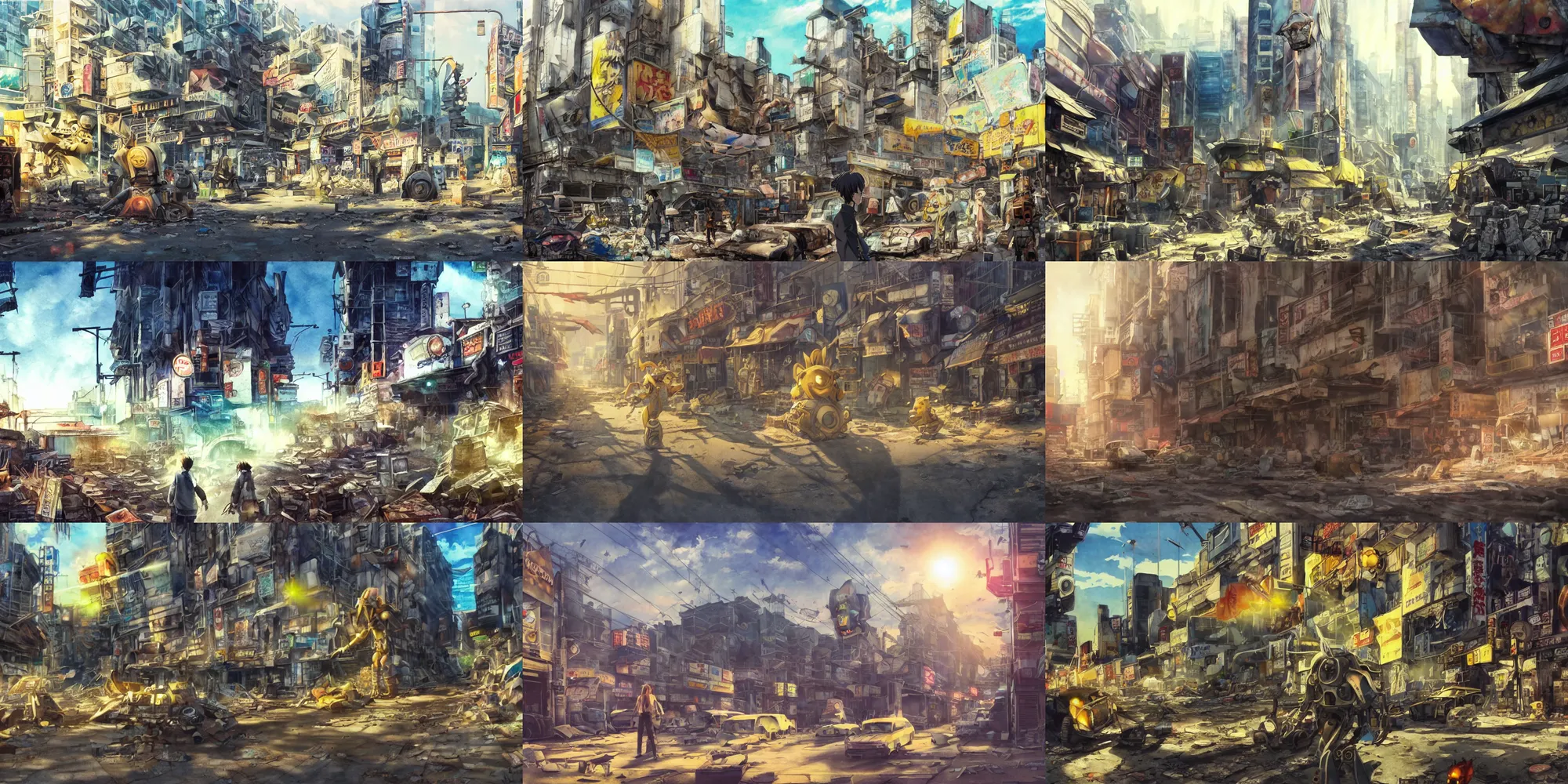 Prompt: incredible anime movie scene, watercolor, harsh bloom lighting, rim light, abandoned city, paper texture, movie scene, caustics shadows, deserted shinjuku junk town, old pawn shop, bright sun bleached ground, phantom crash, yellow dragon festival, robot monster lurks in the background