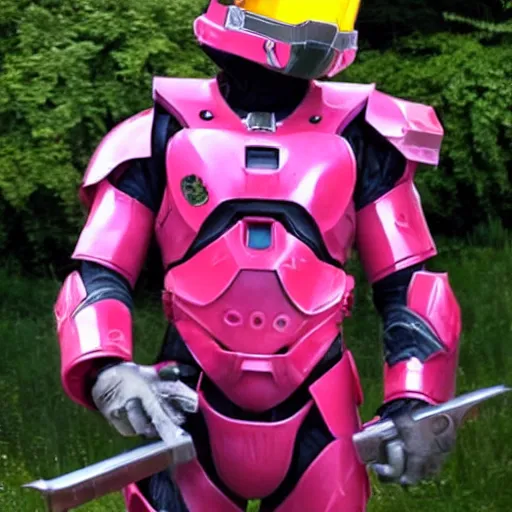 Image similar to cute master chief in pink armor holding a banana