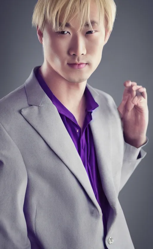 Image similar to a realistic photo of blond handsome Asian man in purple jacket, Kira Yoshikage in real life, studio photography , dark grey background, softly backlit, gentle smoke effect, photo courtesy Museum of art