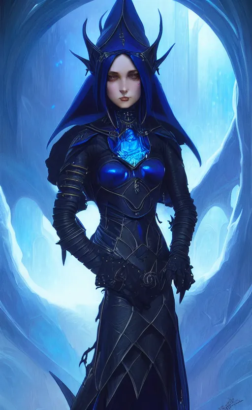Image similar to Gothic elf princess in dark and blue dragon armor, sci-fi, highly detailed, digital painting, artstation, concept art, smooth, sharp focus, illustration, art by artgerm and greg rutkowski and alphonse mucha