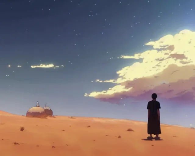 Image similar to an arab man in the desert with a storm, makoto shinkai, loish, studio ghibli