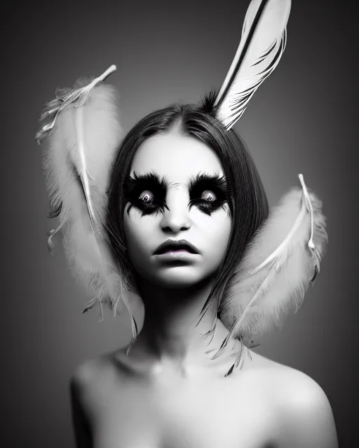 Image similar to surreal mythical dreamy dark artistic black and white fine art 3 / 4 portrait photo of a young delicate mutant female - orchid - bird - cyborg with feather hair, rim light, cinematic, studio dramatic light, poetic, octane render, 8 k, photo - realistic