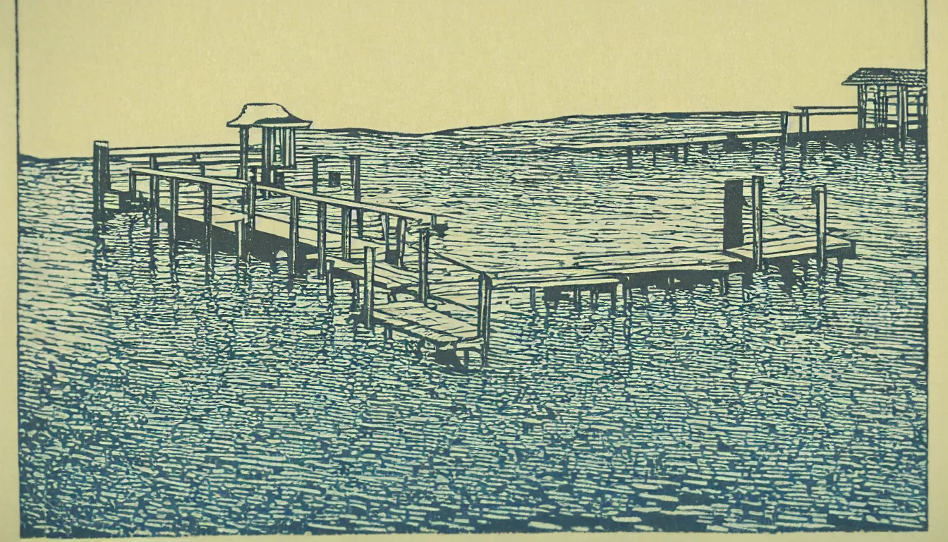 Image similar to sitting at the end of the dock woodblock print