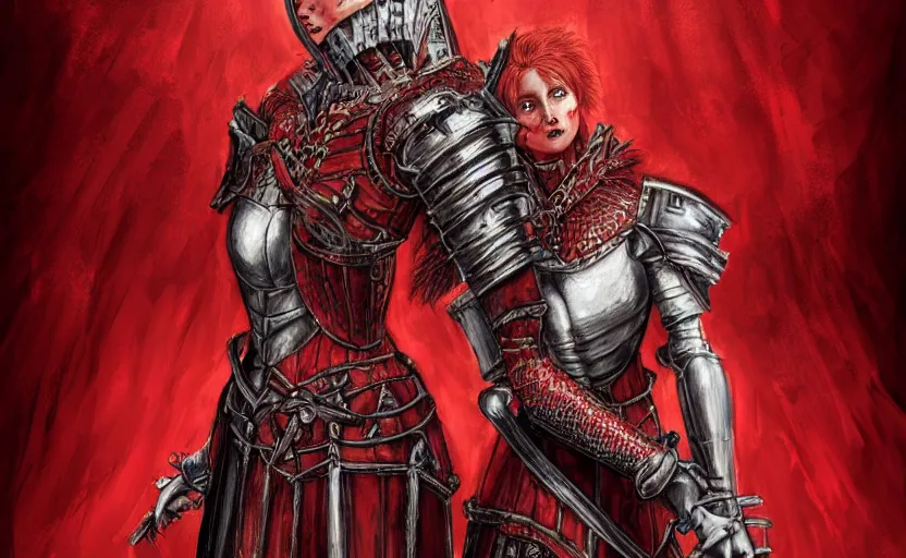 Image similar to redhead queen knight in red armor, inside grand hall in castle with rococo aesthetic, exposed beating heart in chest, crown, face with scars, dark souls 3, intimidating, ominous, evil, high fantasy, intricate detail, digital painting, artstation, concept art, smooth, sharp focus, illustration, art by yoshitaka amano and monia merlo and giger and wlop