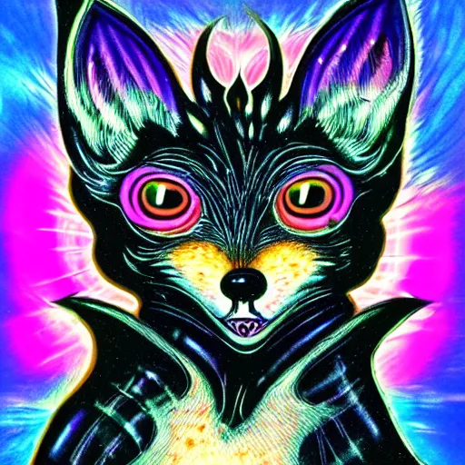 Prompt: i am a funky fox with lots of esoteric powers and i have flaming glowing eyes in the style of giger and lisa frank