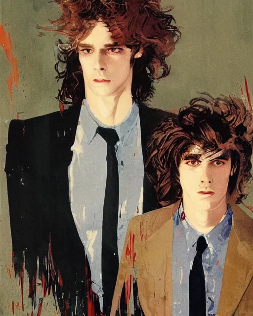 Prompt: two handsome but sinister young men in layers of fear, with haunted eyes and wild hair, 1 9 7 0 s, seventies, wallpaper, a little blood, moonlight showing injuries, delicate embellishments, painterly, offset printing technique, by coby whitmore