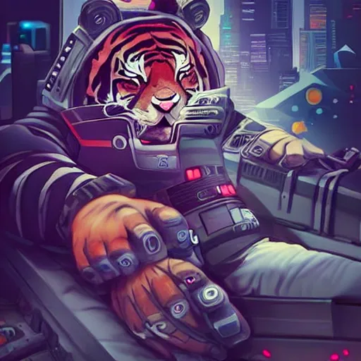 Prompt: a cute sleeping tiger cyberpunk style video game art trending artstation