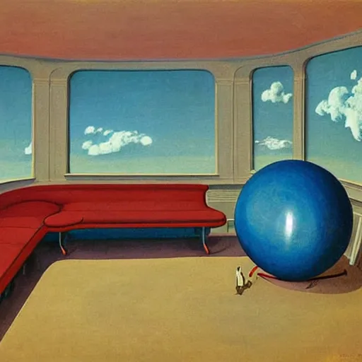 Prompt: Blue spherical people with clouds at red green art deco living room, open ceiling, highly detailed, very coherent, whale carcass, painted by Francis Bacon and Edward Hopper, Wayne Barlowe, painted by James Gilleard, surrealism, airbrush, art by JamesJean