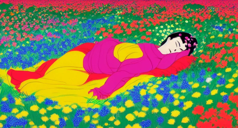 Prompt: a lady taking a long nap on a bed made of flowers, bright neon colours, highly detailed, cinematic, hiroo isono, eyvind earle