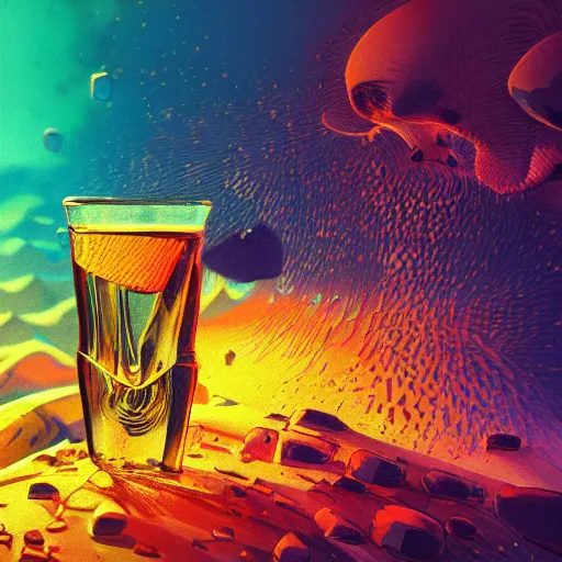 Image similar to alcohol under the microscope, Bright colors, hyperrealism, no blur, 4k resolution, ultra detailed, style of Anton Fadeev, Ivan Shishkin, John Berkey