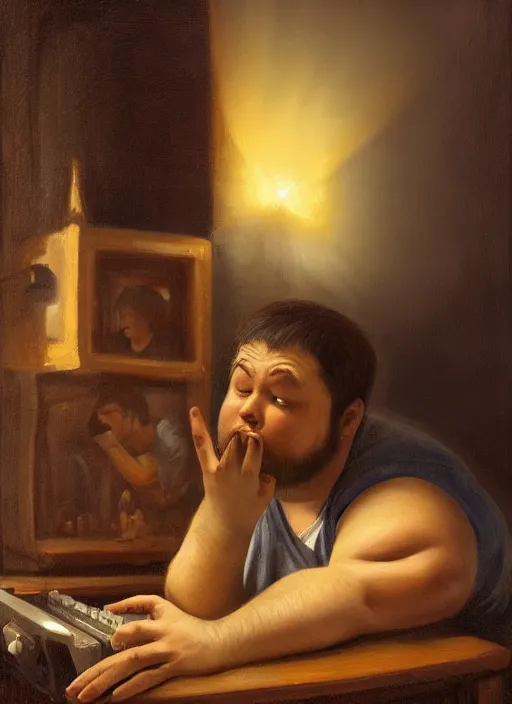 Image similar to insanely detailed chiaroscuro image of a sleepy - looking chubby casually - dressed programmer guy on his knees facing his glowing ultrawide monitor monitor begging it for forgiveness, oil on canvas, masterwork, fine detail, trending on artstation, emotive, insanely compelling, ryden, koons, moebius