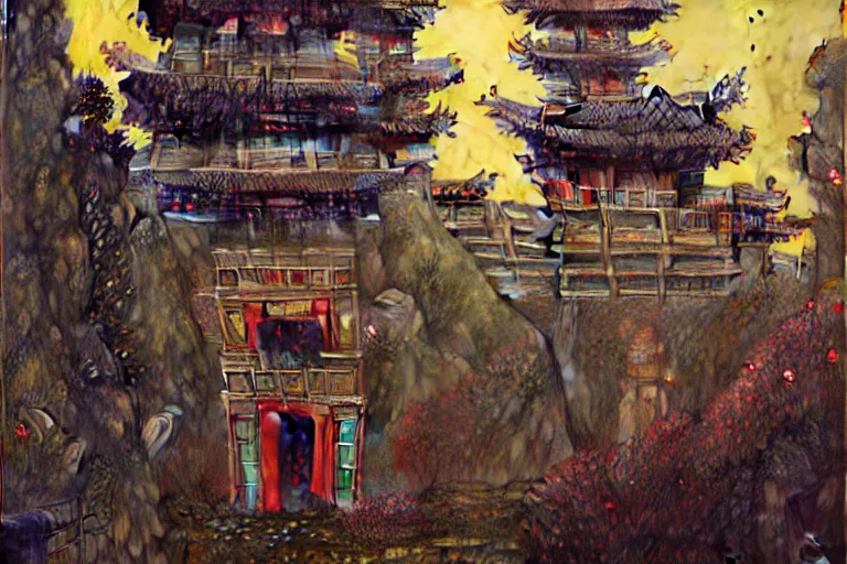 Image similar to cyberpunk chinese ancient castle, fantasy, painting by Gustav Klimt, greg rutkowski and alphonse mucha