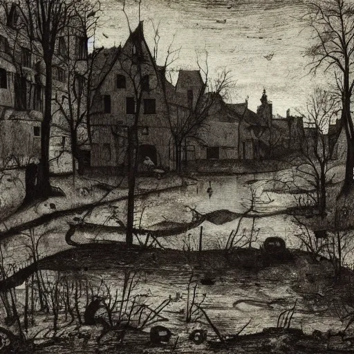 Prompt: abandoned dark stream sunray weed, by alberto giacometti and pieter bruegel the elder, rococo, smooth