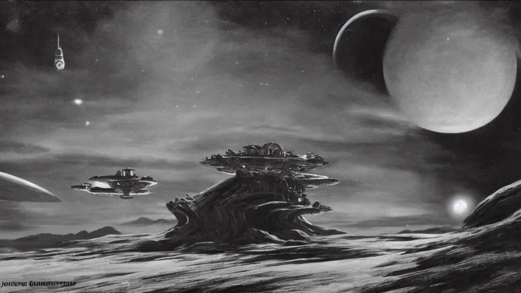 Image similar to eerie atmospheric alien planet with a small dropship pod landing by jack gaughan and john schoenherr, epic cinematic matte painting