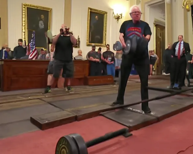 Image similar to bernie sanders deadlifts 200lbs barbells during filibuster speech in senate chambers