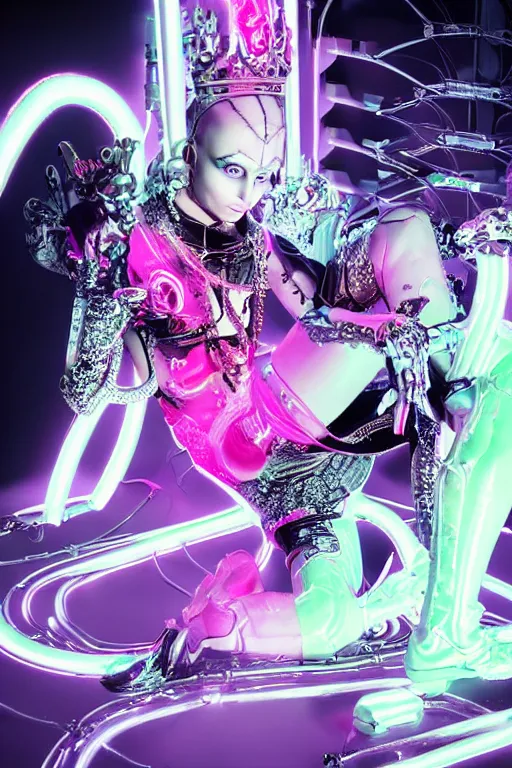 Image similar to full-body rococo and cyberpunk style neon statue of a young attractive Zayn Malik macho dotado e rico android sim roupa reclining con las piernas abertas e la piroca dura, glowing white laser eyes, prince crown of pink gears, diamonds, swirling silver-colored silk fabric. futuristic elements. full-length view. space robots. human skulls. intricate artwork by caravaggio. Trending on artstation, octane render, cinematic lighting from the right, hyper realism, octane render, 8k, depth of field, 3D