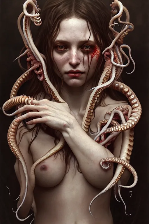 Image similar to ultra realistic, sasha vykos, tzimisce, flesh, metamorphosis, vampire, sabbat, tentacles, bone, body horror, intricate details, eerie, highly detailed, octane render, 8 k, art by artgerm and alphonse mucha and greg rutkowski