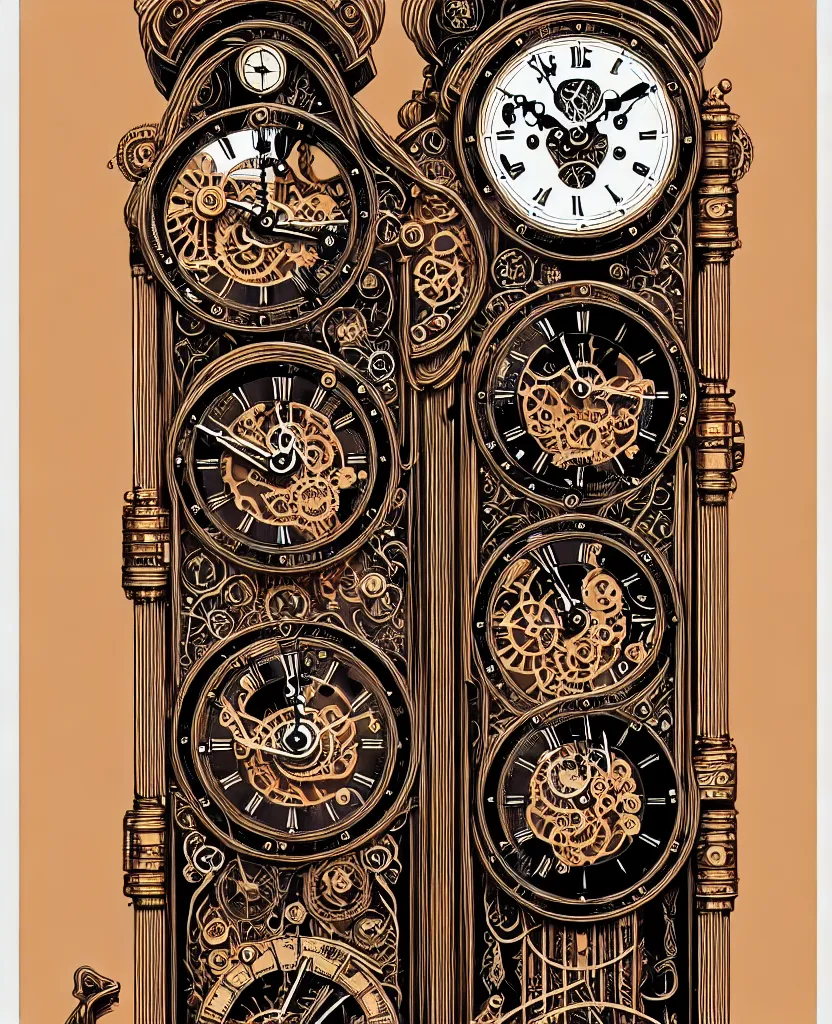 Image similar to ornate steampunk grandfather clock, high details, intricately detailed, by vincent di fate, inking, lineart, 3 color screen print, masterpiece, trending on artstation,, sharp, details, hyper - detailed, hd, 4 k, 8 k