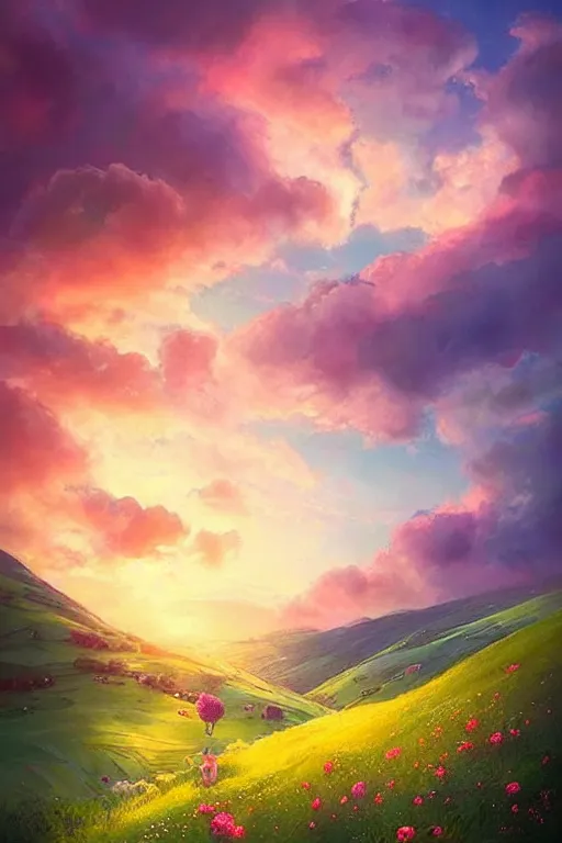 Prompt: beautiful dreamy hilly verdant landscape at sunset by Anna dittmann. Flowers. Pink puffy clouds. Beautiful sunset colours.