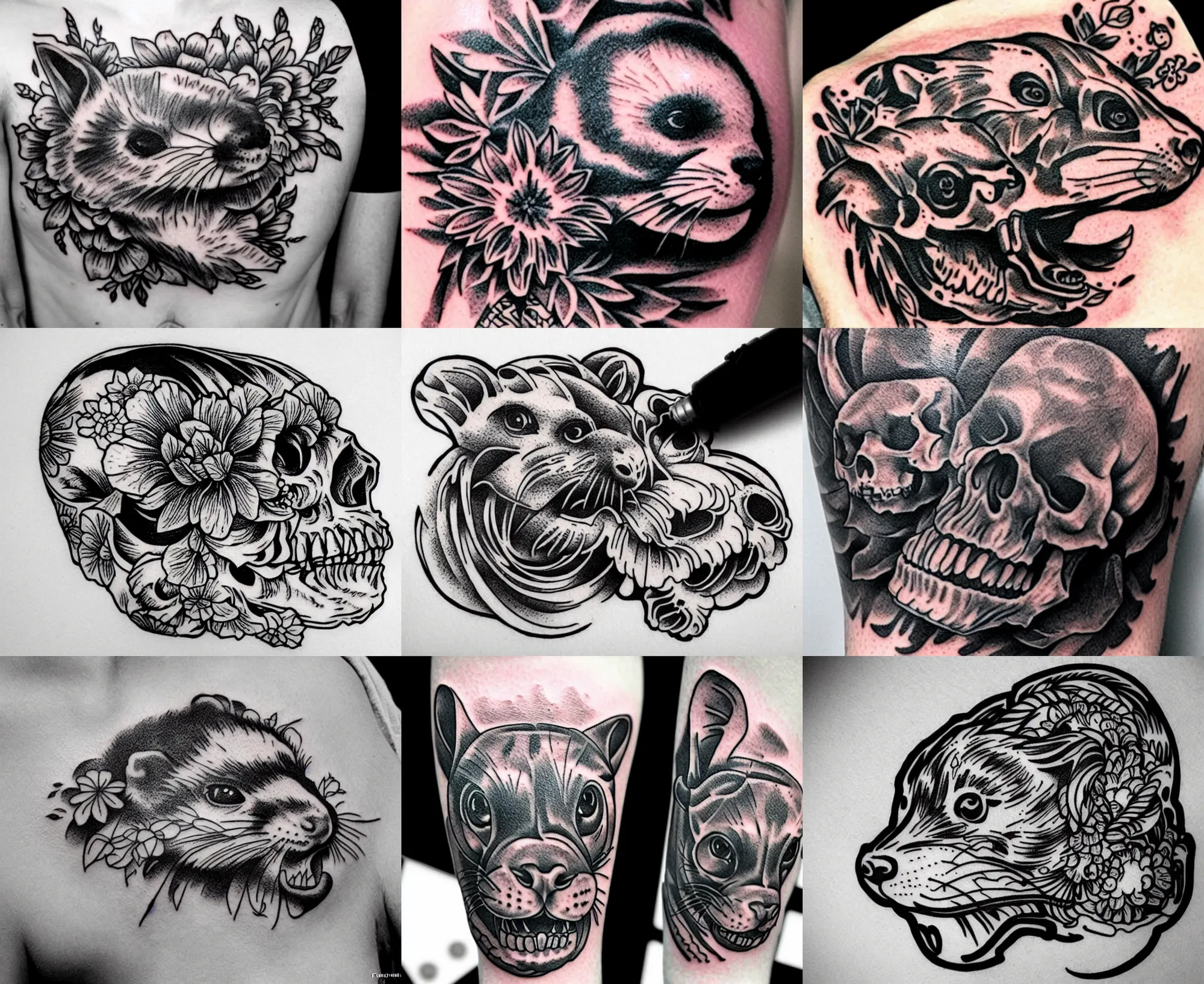 Image similar to detailed amazing tattoo stencil of a floral ferret crawling on a human skull