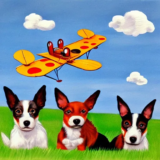 Prompt: biplane flying, piloted by identical 3 dogs, toy fox terrier breed, black and white spots, panting, tin tin painting
