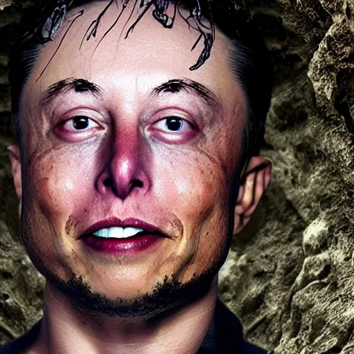 Image similar to photo inside a cavern of a wet reptilian humanoid rapper elon musk partially hidden behind a rock with black eyes open mouth and big teeth