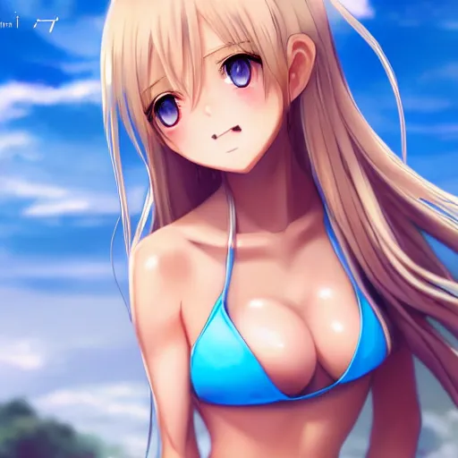 Image similar to a very beautiful young anime giantess, full body, long wavy blond hair, sky blue eyes, full round face,, bikini, miniskirt, front view, mid - shot, highly detailed, cinematic wallpaper by stanley artgerm lau