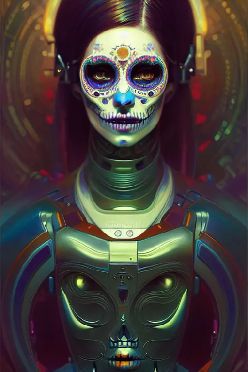 Image similar to ultra detailed, portrait of a female android, sci - fi, triadic color scheme, moody, calm, ( dia de los muertos ), asymmetrical, intricate concept art, art by godmachine and michael welan and dzo and greg rutkowski and alphonse mucha and loish and wlop