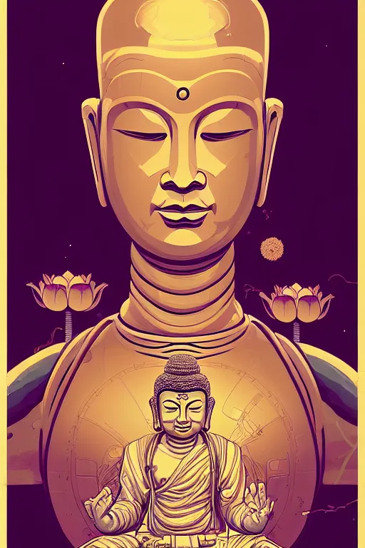 Image similar to a study of cell shaded cyborg astronaut buddha meditating in a lotus flower illustration, golden ratio, post grunge portrait, character concept art by josan gonzalez, james jean, Mike Mignola, Laurie Greasley, highly detailed, sharp focus, alien, Artstation, deviantart, artgem