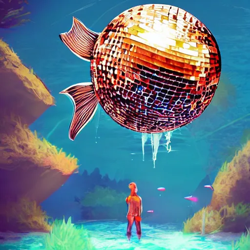 Image similar to concept art from an indie video game about fish that can transform to a disco ball tending on artstation