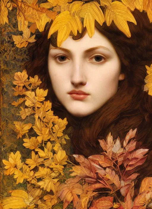 Image similar to masterpiece beautiful seductive flowing curves preraphaelite face portrait amongst leaves, extreme close up shot, straight bangs, thick set features, yellow ochre ornate medieval dress, raven, laying amongst foliage mushroom forest circle arch, frederic leighton and kilian eng and rosetti, 4 k