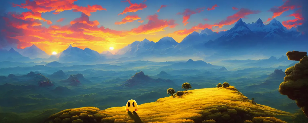 Image similar to detailed pacman in a beautiful nature landscape with clouds, mountains, in background, sunset, by rhads, pacman